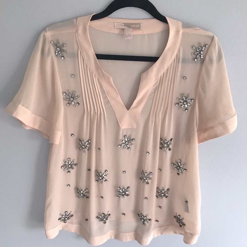 Tory Burch Look-a-Like Sheer Pink Blouse with Beading